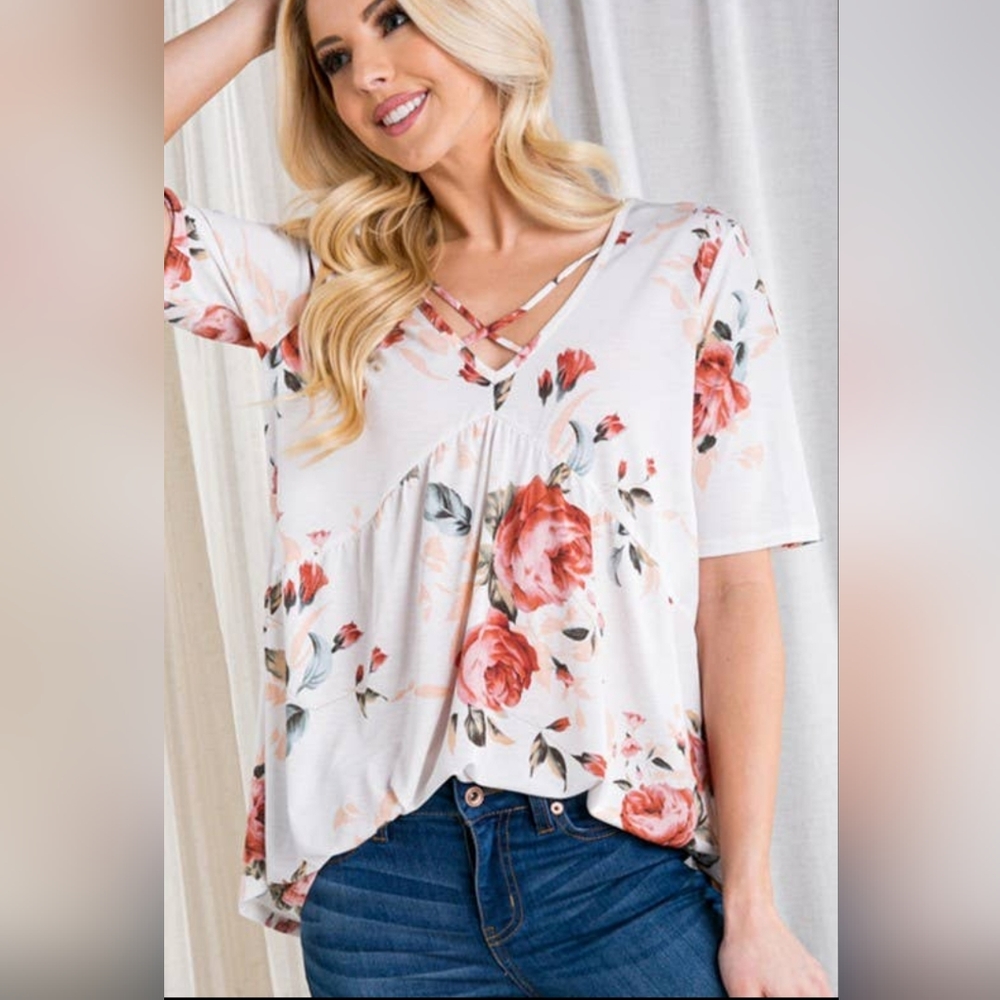 Heimish Crisscross Neck Floral Babydoll Top